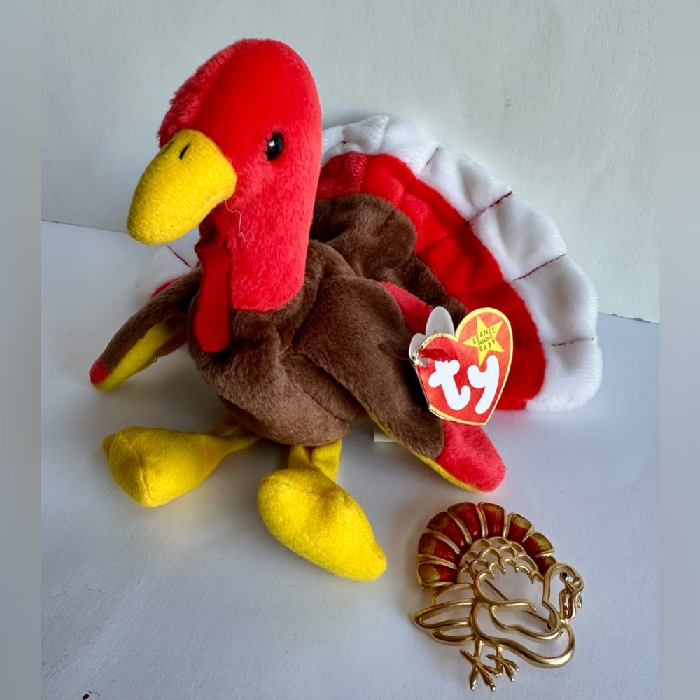 Turkey Brooch & TY Beanie Baby Gobbles Plush Turkey